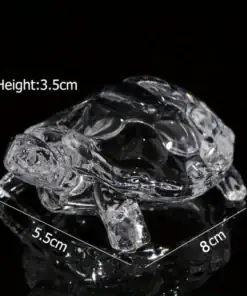 Clear glass turtle figurine on a black background with dimensions labeled: 8 cm long, 5.5 cm wide, and 3.5 cm high. | 28Alchemy
