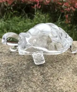 A clear glass turtle figurine sits on a stone surface with green grass and red-leafed plants in the background. | 28Alchemy