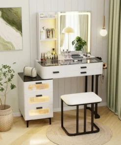 Modern vanity table with mirror, stool, makeup, drawers, shelves, and soft lighting in a stylish, cozy room. | 28Alchemy