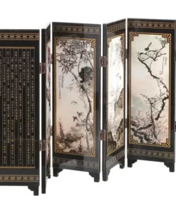 A decorative folding screen with black trim, gold accents, Chinese calligraphy, and nature paintings of birds and trees. | 28Alchemy