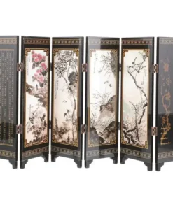 A decorative six-panel folding screen with Chinese art, calligraphy, and nature scenes in black, gold, and colorful accents. | 28Alchemy