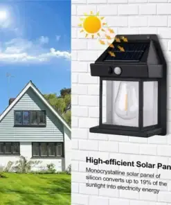 Solar wall lamp on a white brick wall, showing sunlight converting to energy; a house with blue siding in the background. | 28Alchemy